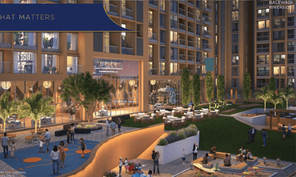 Exterior view of Mantra Riverside &mdash; photo gallery, images, brochure, amenities, cost sheet, price breakup, availability details, RERA number, RERA certificate, possession date, layout plan, logo, floor plan, master plan, and location map showcasing project highlights and features.