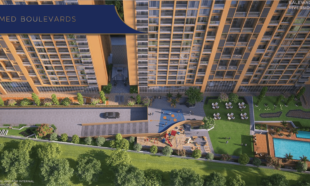 Exterior view of Mantra Riverside &mdash; photo gallery, images, brochure, amenities, cost sheet, price breakup, availability details, RERA number, RERA certificate, possession date, layout plan, logo, floor plan, master plan, and location map showcasing project highlights and features.